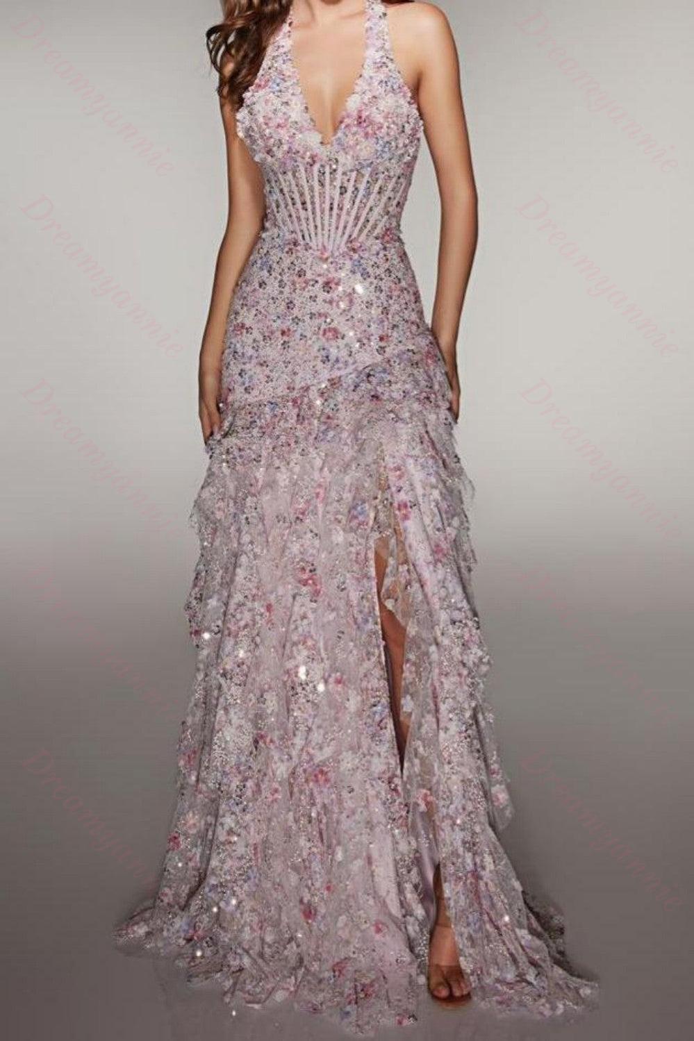 Halter Sequin Prom Dress With Corset Bodice High Slit & Ruffle Skirt Formal Evening Gown