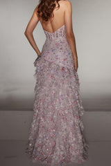 Halter Sequin Prom Dress With Corset Bodice High Slit & Ruffle Skirt Formal Evening Gown