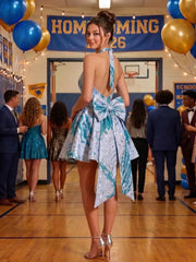 Halter V-Neck Floral Jacquard Homecoming Dresses Mini Cocktail Dress with Oversized Back Bow