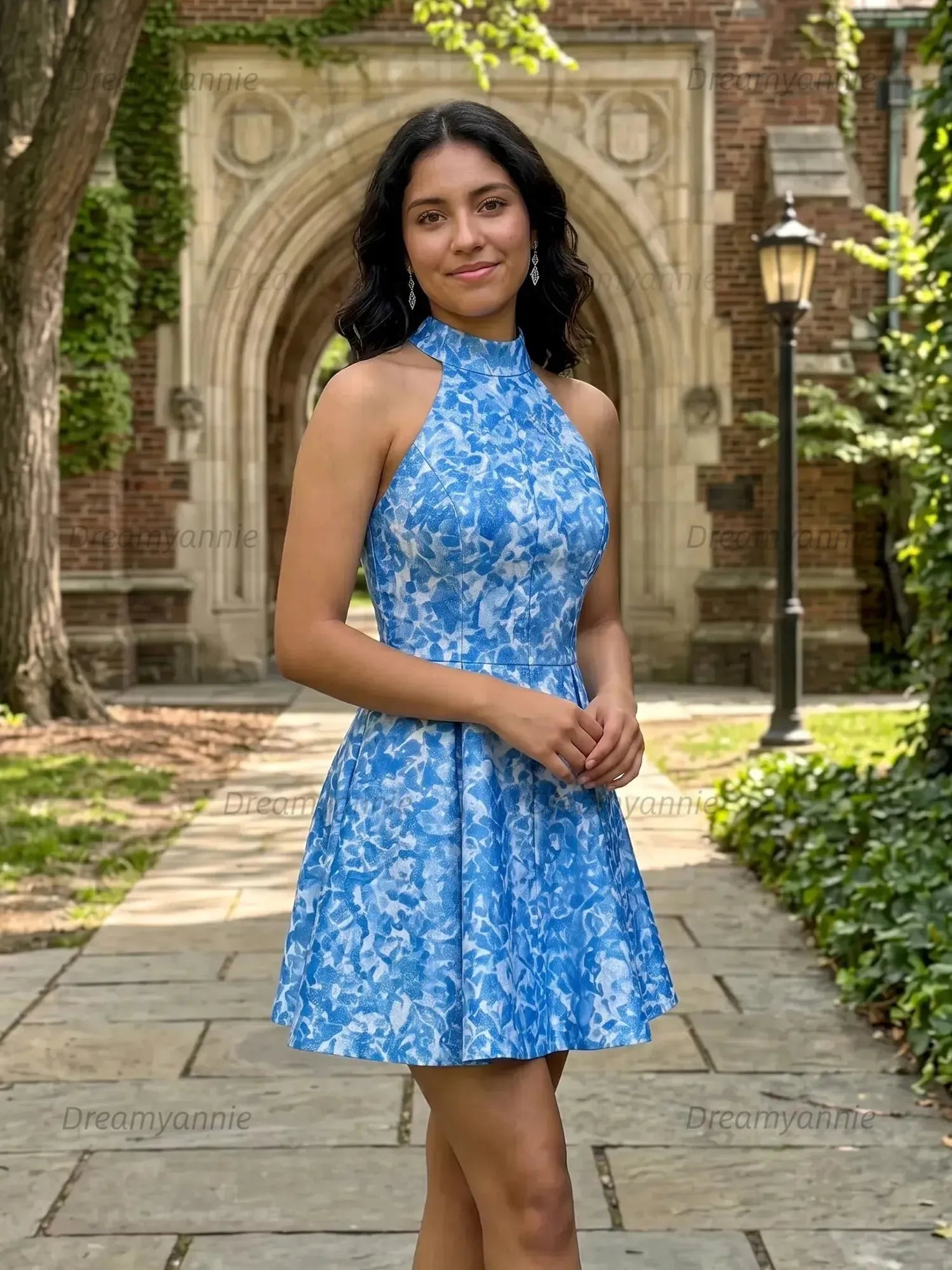 High Neck Halter Floral Brocade Homecoming Dresses Mini Cocktail Dress