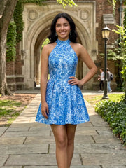 High Neck Halter Floral Brocade Homecoming Dresses Mini Cocktail Dress