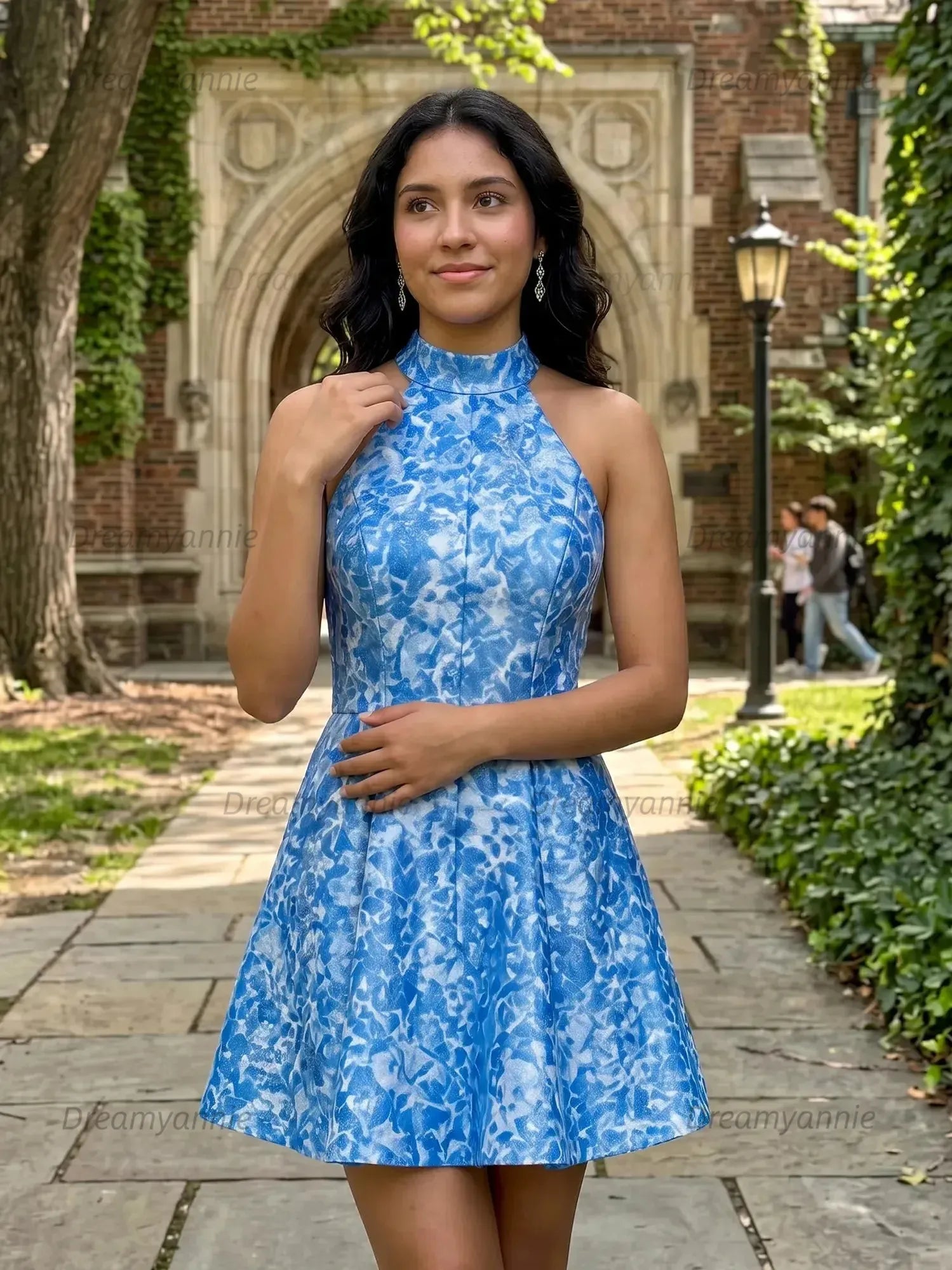 High Neck Halter Floral Brocade Homecoming Dresses Mini Cocktail Dress