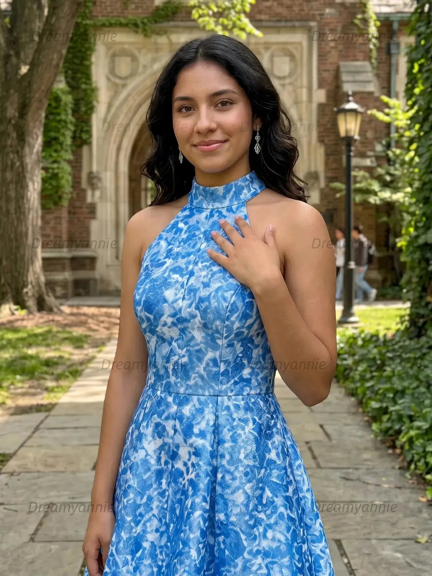 High Neck Halter Floral Brocade Homecoming Dresses Mini Cocktail Dress