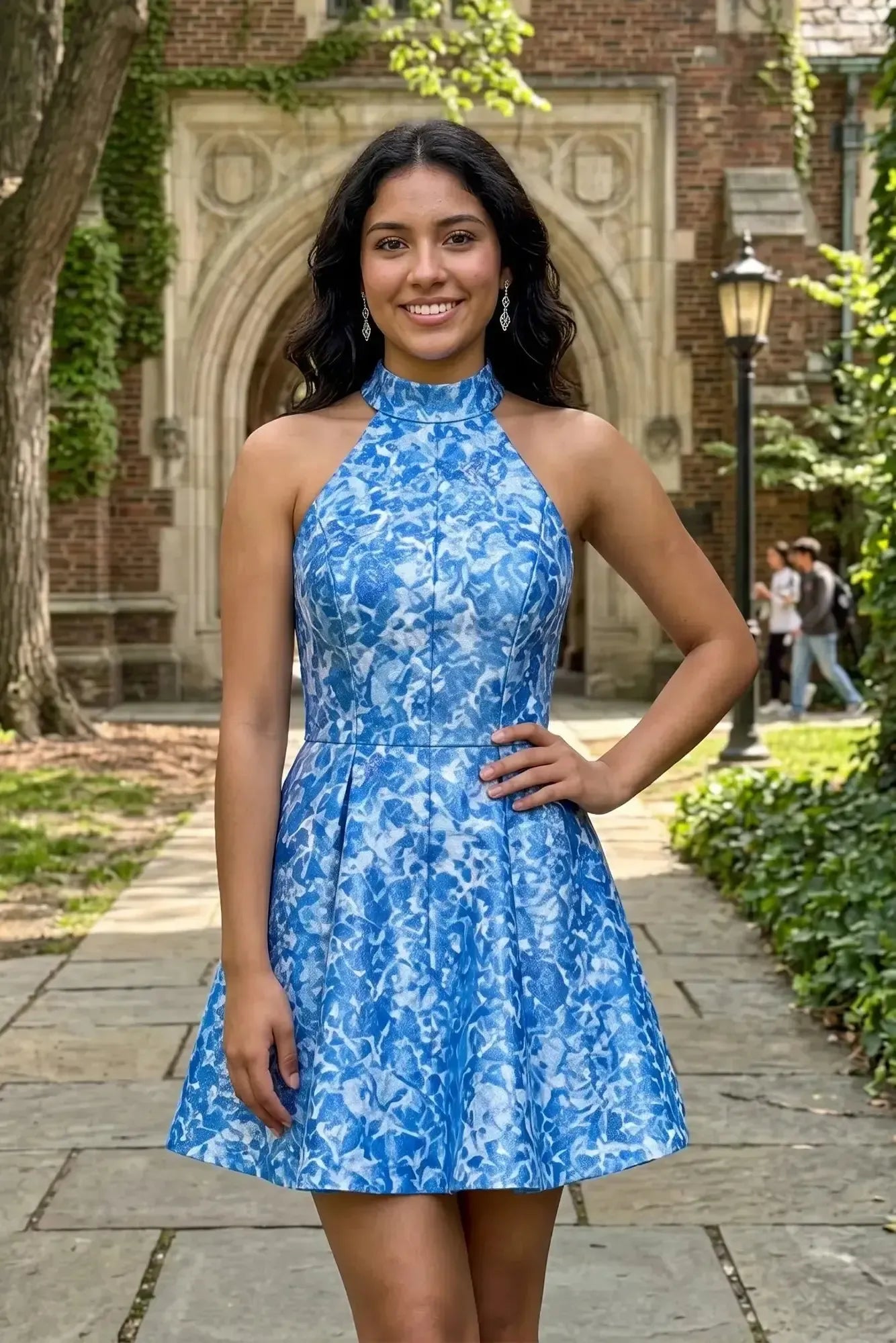 High Neck Halter Floral Brocade Homecoming Dresses Mini Cocktail Dress