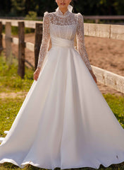 High Neck Lace Ball Gown Wedding Dress with Long Sleeves