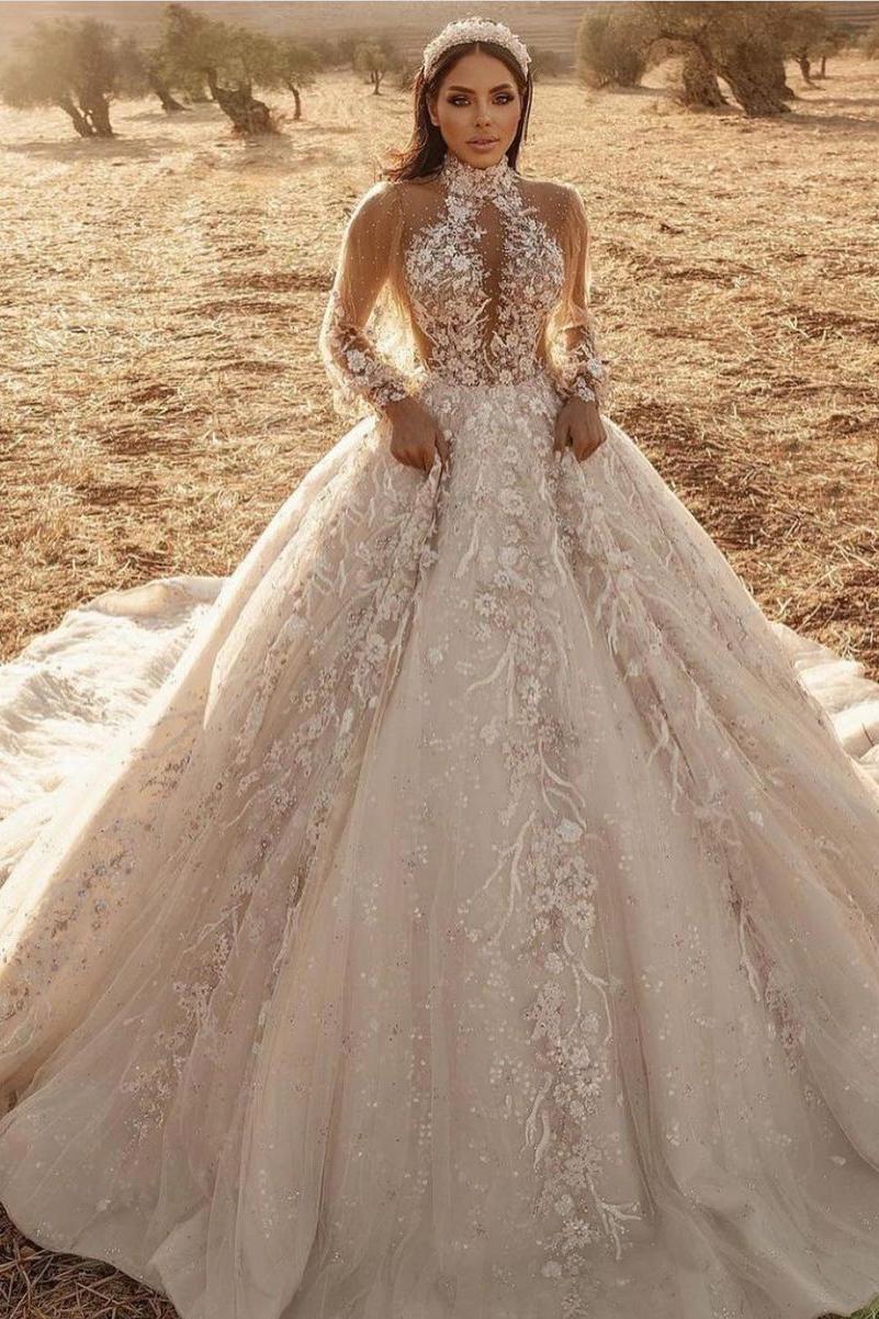 High Neck Long Sleeve A Line Wedding Dress with Lace Appliques and Tulle Train