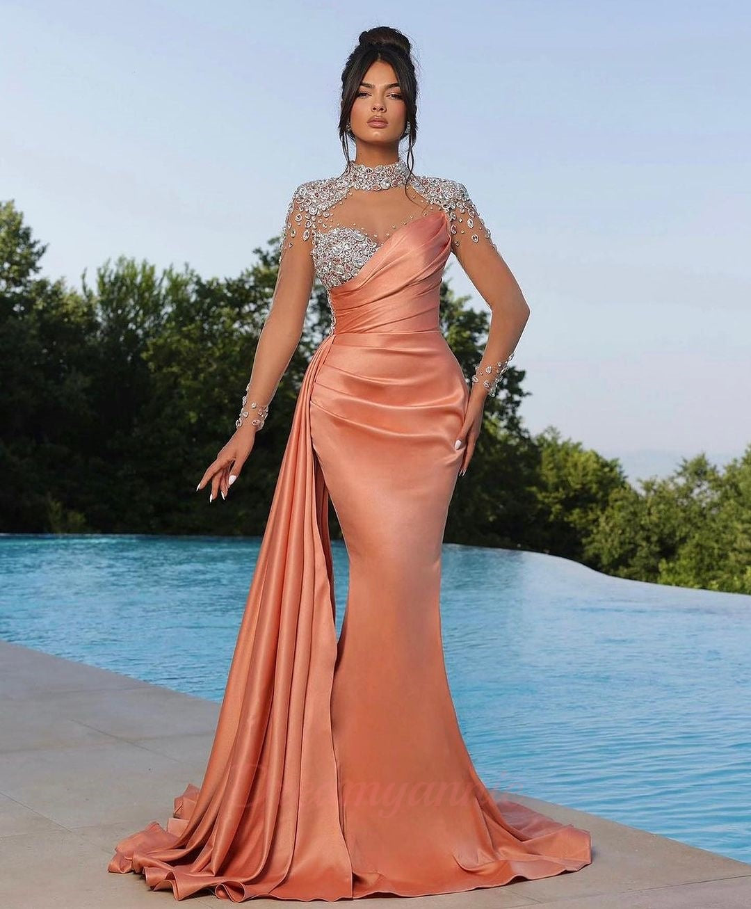 High-Neck Long Sleeve Formal Dresses Beaded Mermaid Satin Evening Dresses