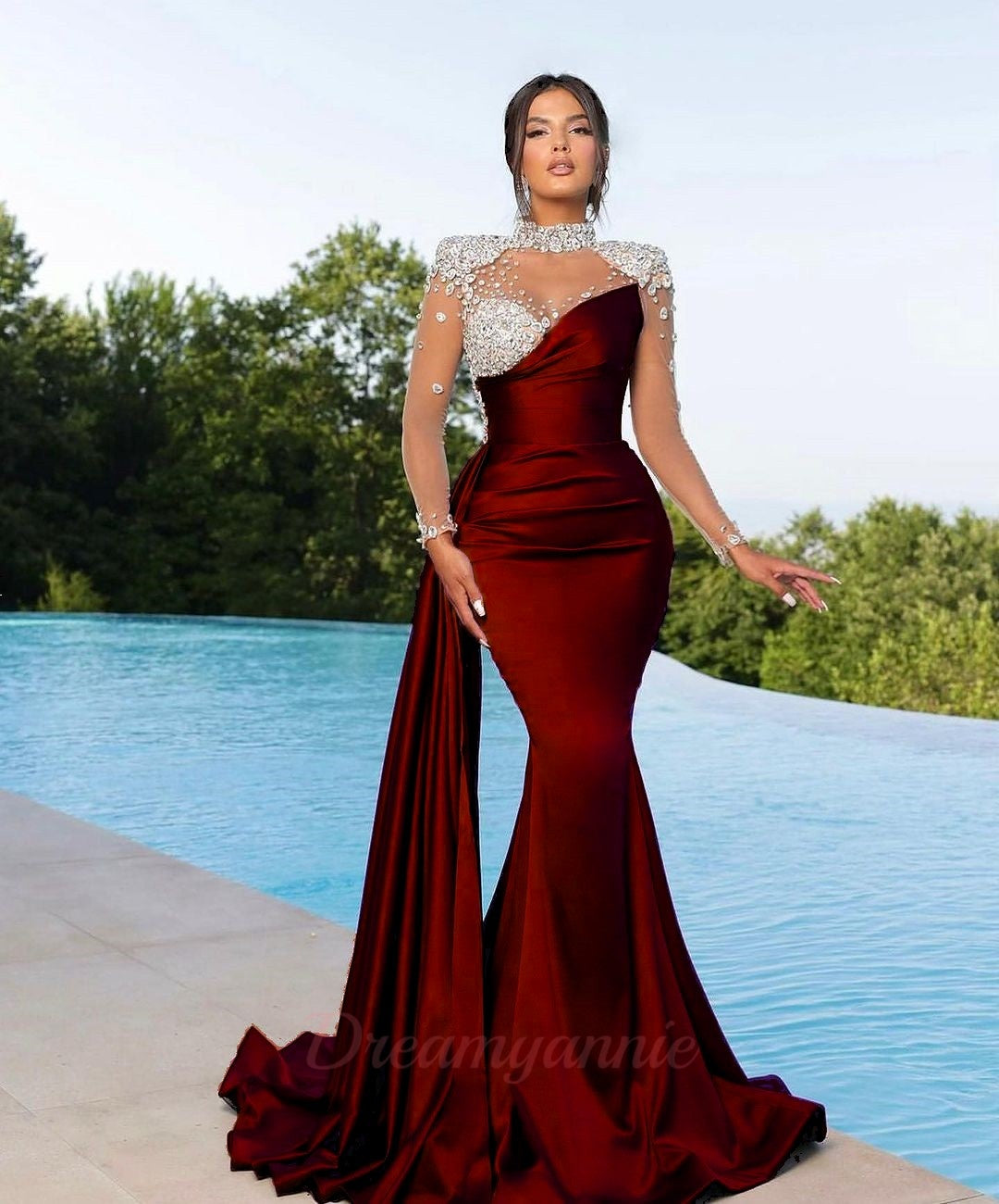 High-Neck Long Sleeve Formal Dresses Beaded Mermaid Satin Evening Dresses