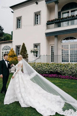 High Neck Long Sleeves Wedding Dress A Line Lace Bridal Gown