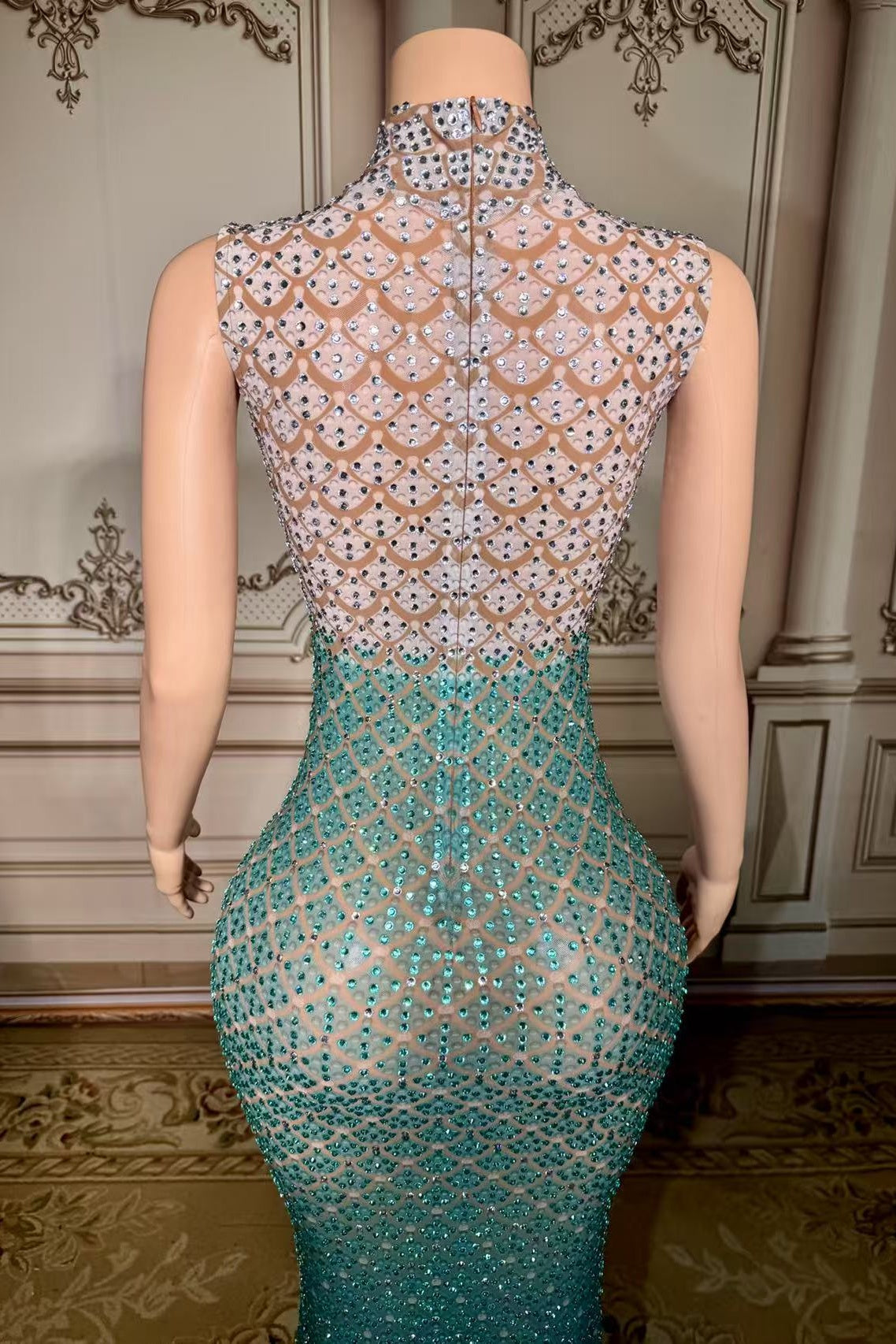 High Neck Mermaid Prom Dress Peacock Green Formal Evening Dress with Rhinestones