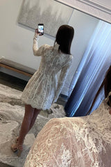 Homecoming Dress Long Sleeves A Line Short Prom Dress With Lace