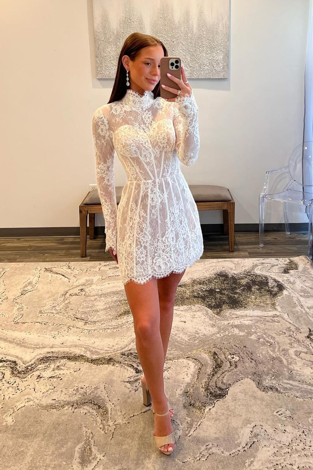 Homecoming Dress Long Sleeves A Line Short Prom Dress With Lace
