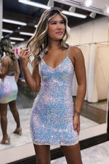 Homecoming Dress Sequin Spaghetti Straps Criss-Cross Straps Back Tight Cocktail Party Dresses