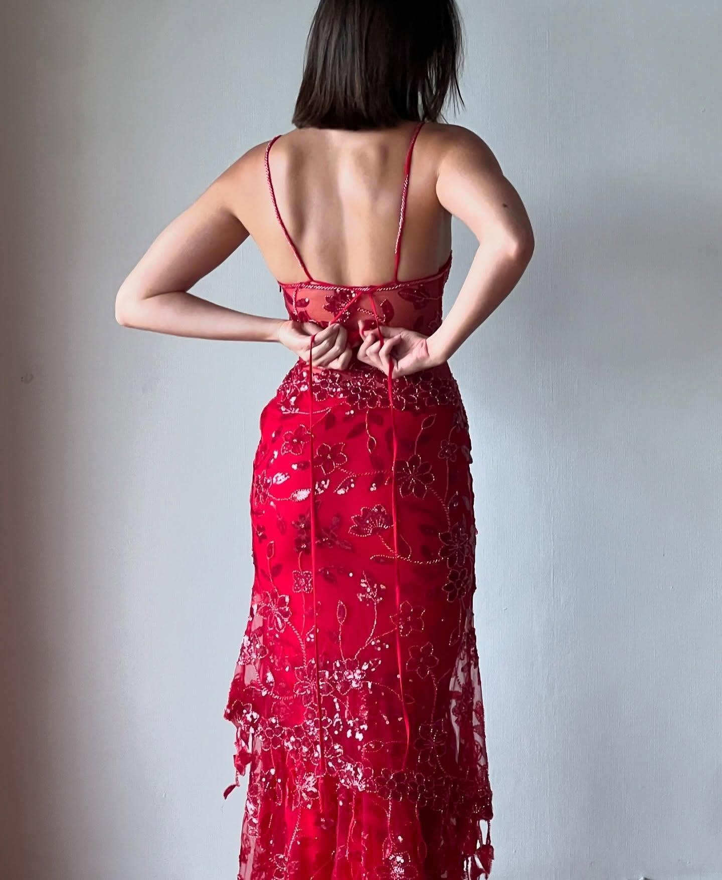 Hot Mermaid Spaghetti Straps Red Long Prom Dress With Embroidery Formal Evening Gown