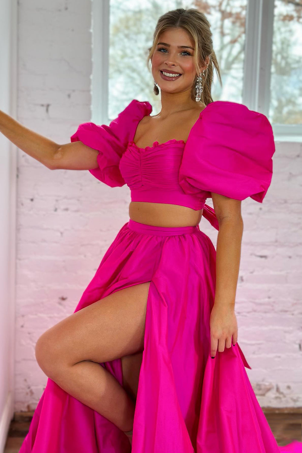 Hot Pink A Line Prom Dress Two Piece Short Sleeves Cocktail Dress with Slit