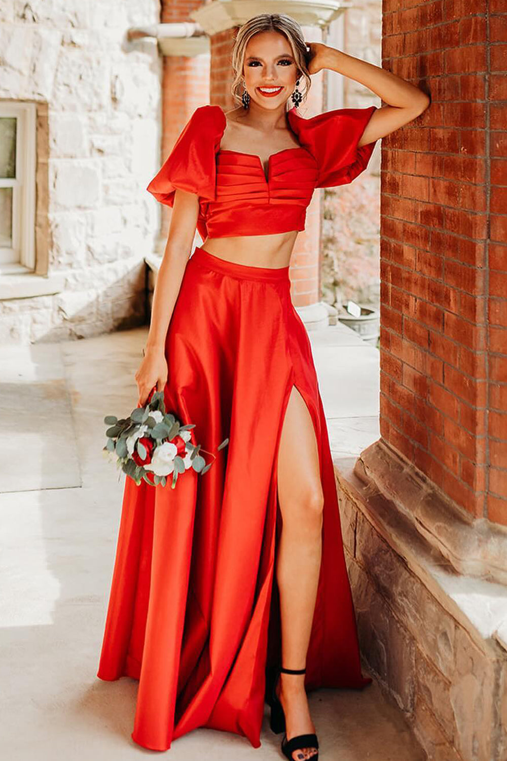 Hot Pink A Line Prom Dress Two Piece Short Sleeves Cocktail Dress with Slit