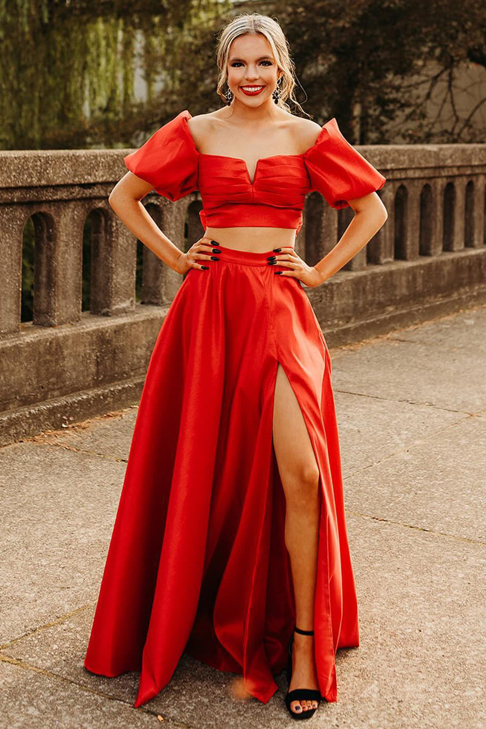 Hot Pink A Line Prom Dress Two Piece Short Sleeves Cocktail Dress with Slit