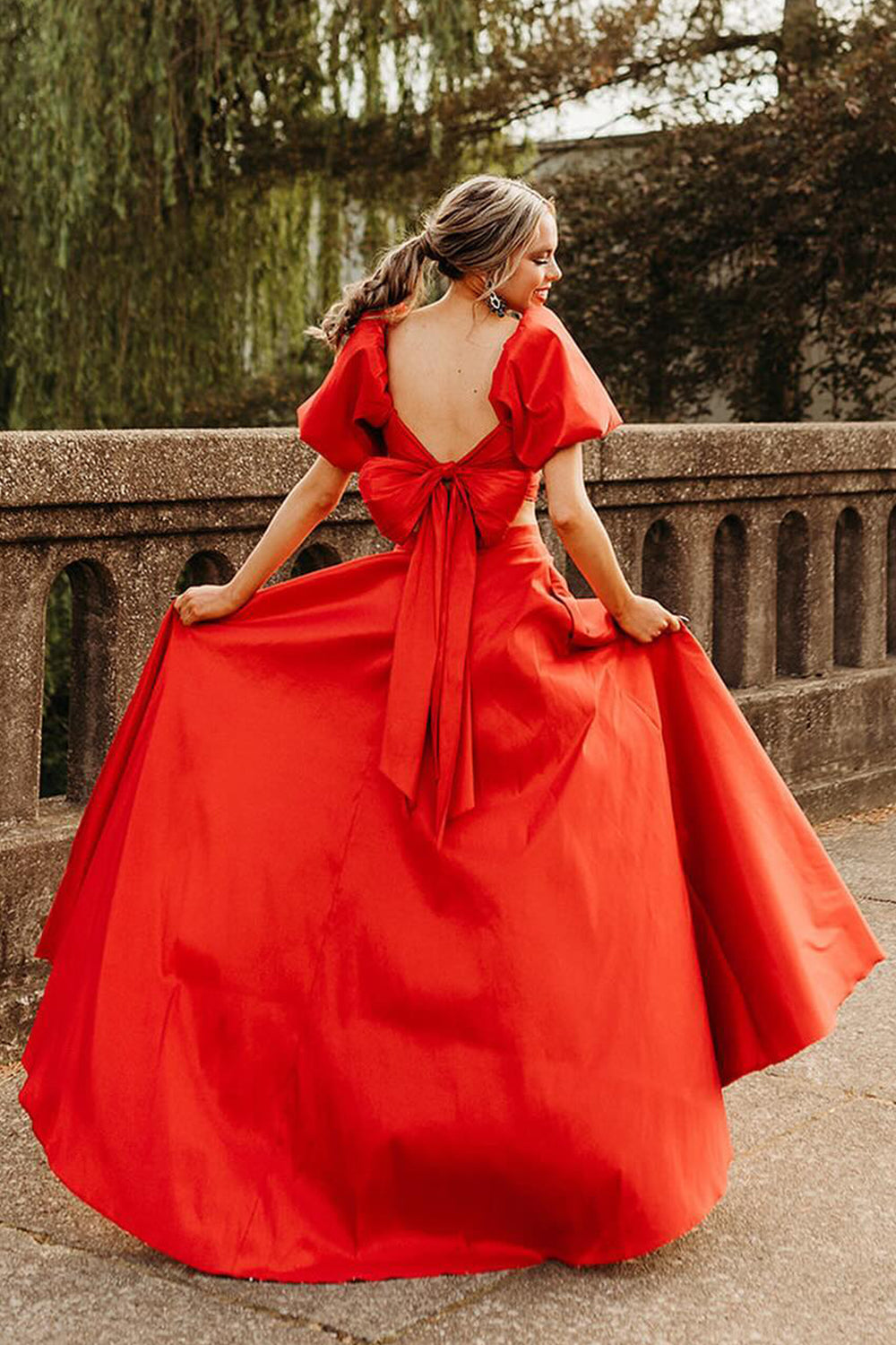 Hot Pink A Line Prom Dress Two Piece Short Sleeves Cocktail Dress with Slit