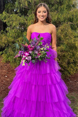 Hot Pink A-Line Tiered Tulle Long Prom Dress