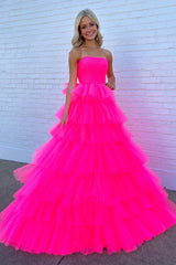 Hot Pink A-Line Tiered Tulle Long Prom Dress