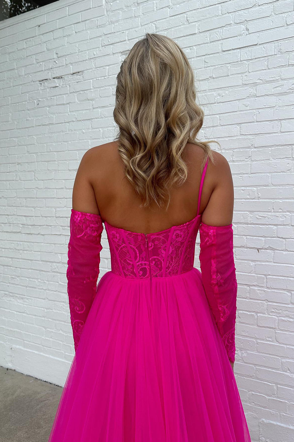Hot Pink Detachable Long Sleeves A Line Tulle Long Prom Dress with Lace