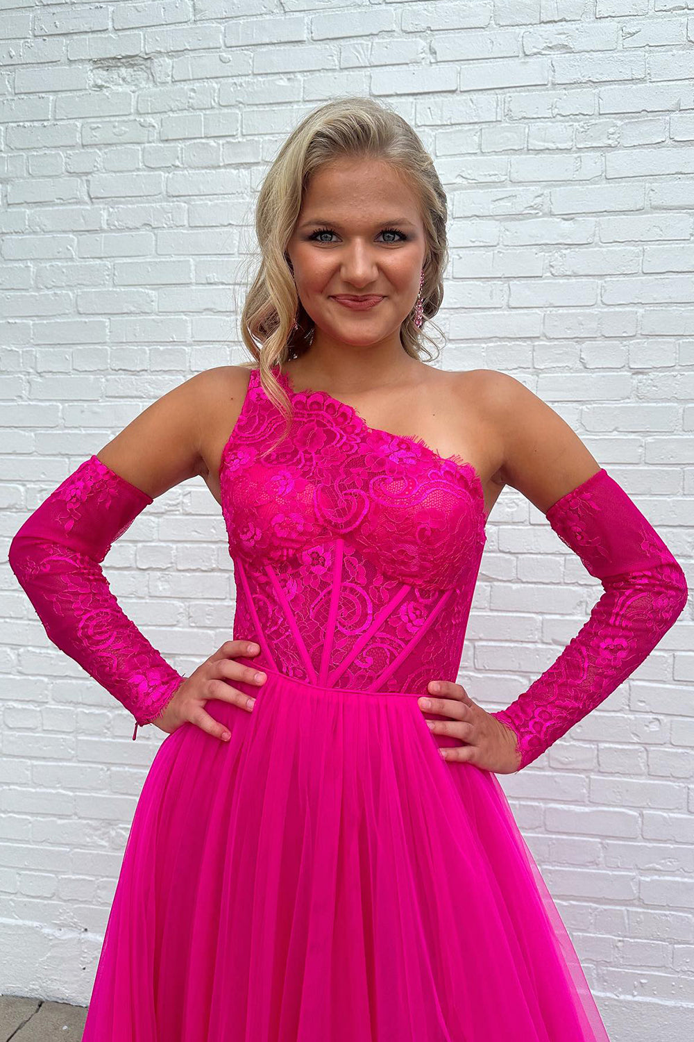 Hot Pink Detachable Long Sleeves A Line Tulle Long Prom Dress with Lace