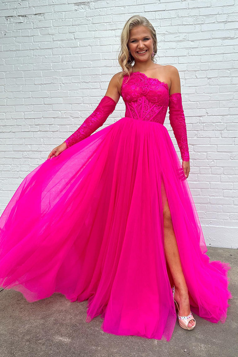 Hot Pink Detachable Long Sleeves A Line Tulle Long Prom Dress with Lace