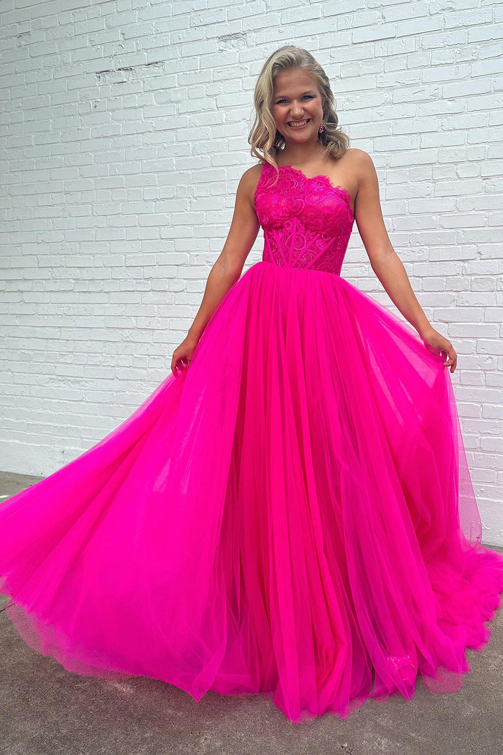 Hot Pink Detachable Long Sleeves A Line Tulle Long Prom Dress with Lace