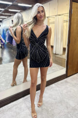 Hot Pink Homecoming Dress Beaded Tight Short Prom Dress