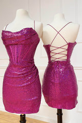 Hot Pink Homecoming Dress Corset Sequined Tight Short Cocktail Dresses