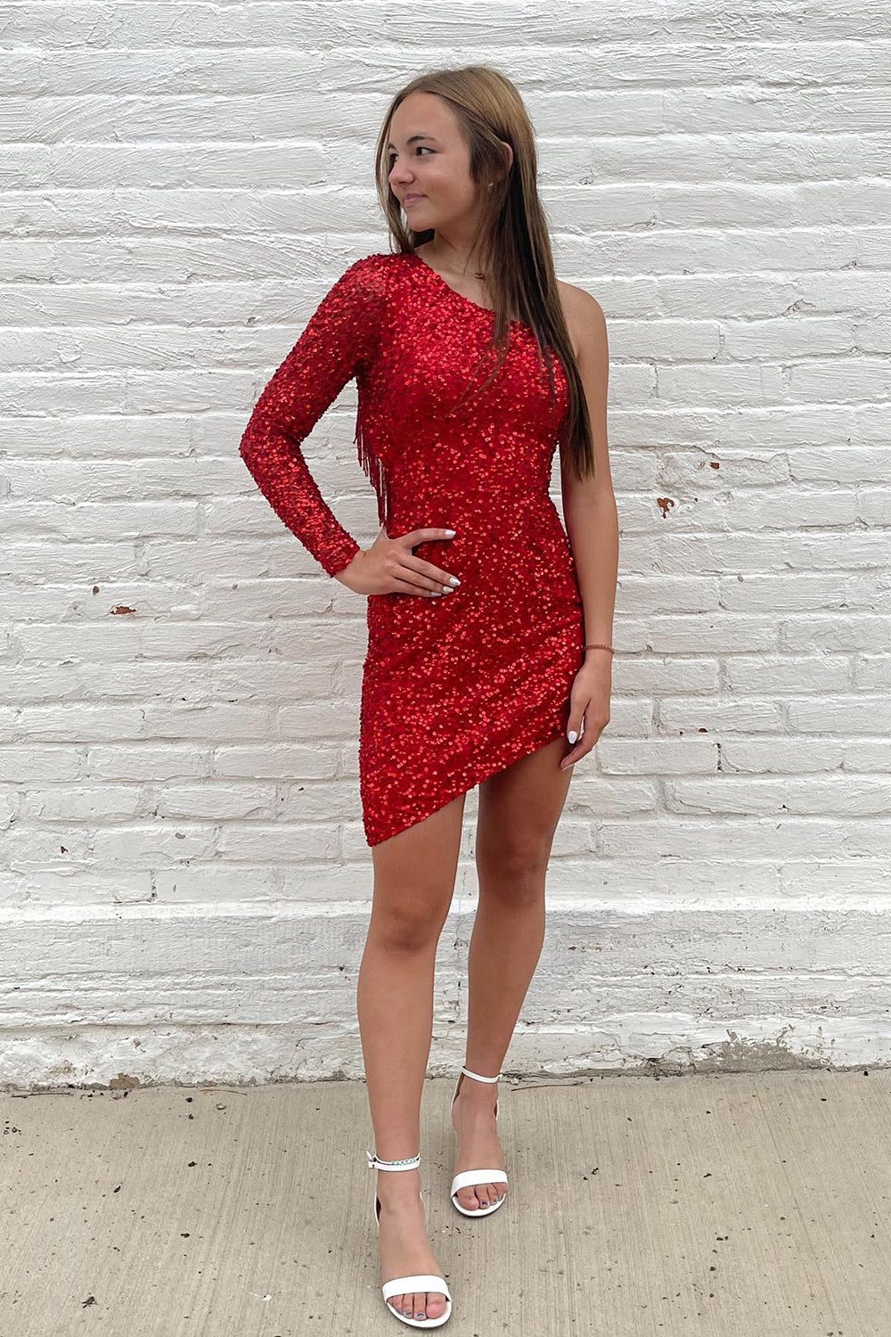 Hot Pink Homecoming Dress One Shoulder One Sleeve Tight Cocktail Party Dresses with Fringes