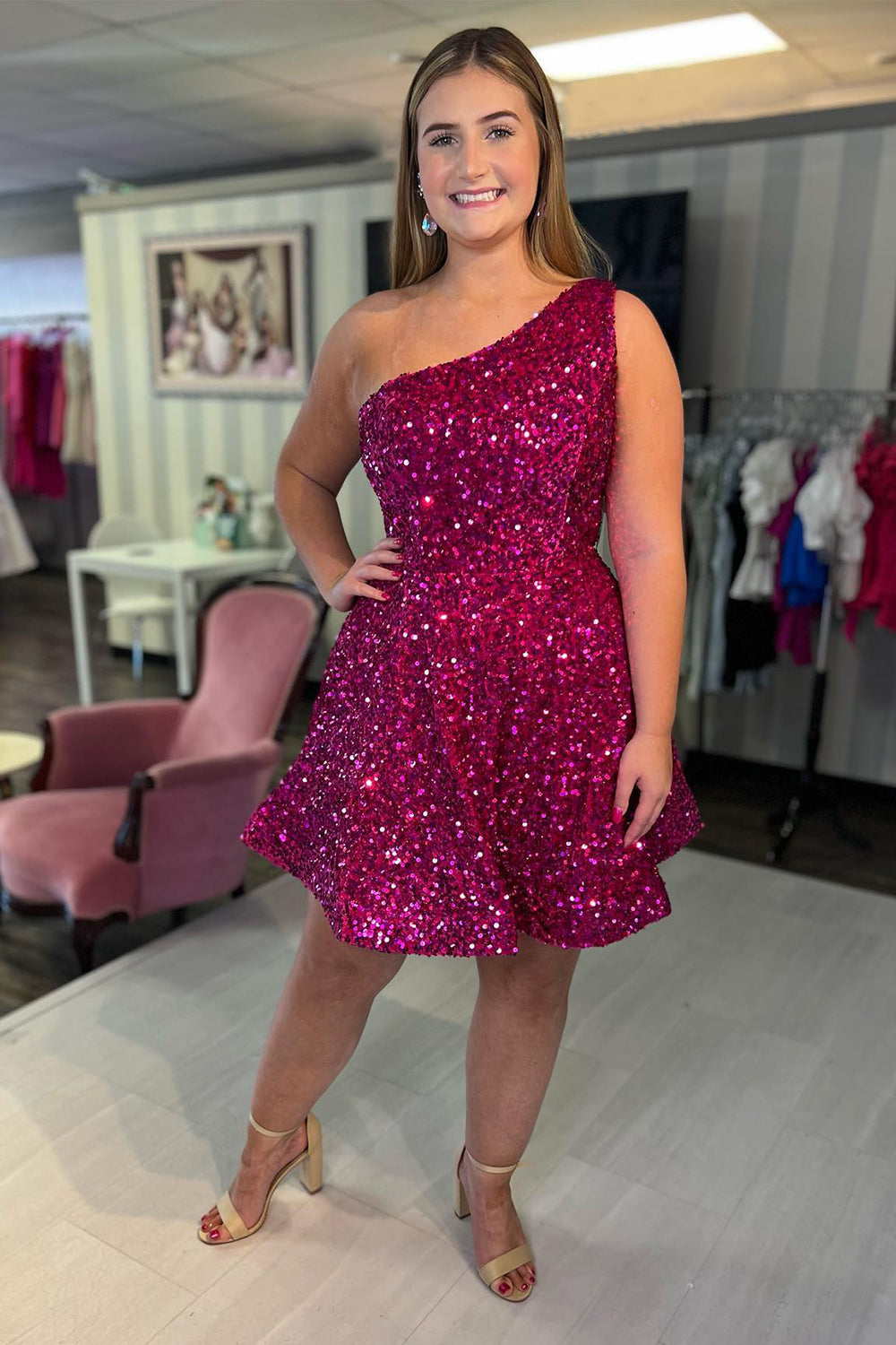 Hot Pink Homecoming Dress One Shoulder Sequin Short Prom Dress