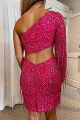 Hot Pink Homecoming Dress Open Back One Shoulder Sequin Tight Prom Dress