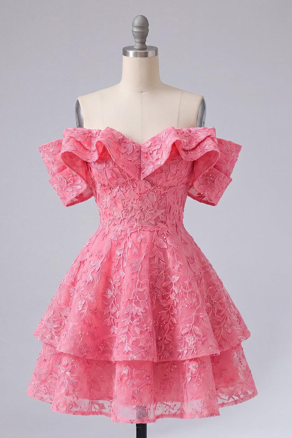 Hot Pink Lace Beaded Ruffled Off The Shoulder A Line Short Homecoming Dress