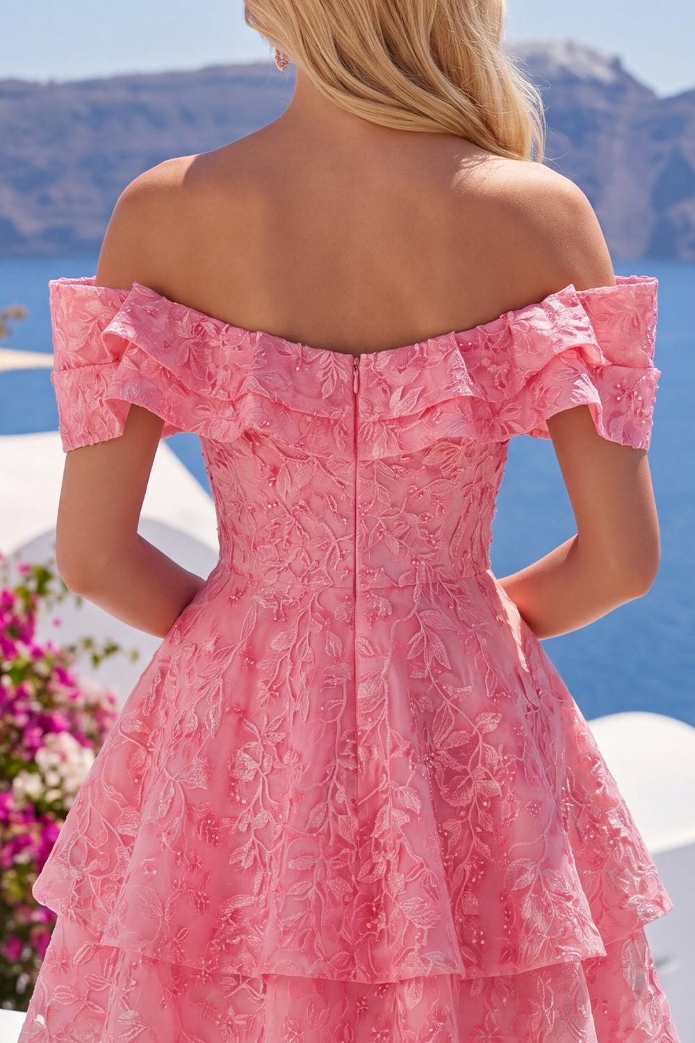 Hot Pink Lace Beaded Ruffled Off The Shoulder A Line Short Homecoming Dress