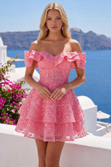 Hot Pink Lace Beaded Ruffled Off The Shoulder A Line Short Homecoming Dress