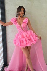 Hot Pink One Shoulder A-Line High-Low Organza Homecoming Dress with Ruffles