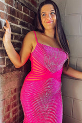 Hot Pink Prom Dress Beaded Long Mermaid Backless Evening Dress