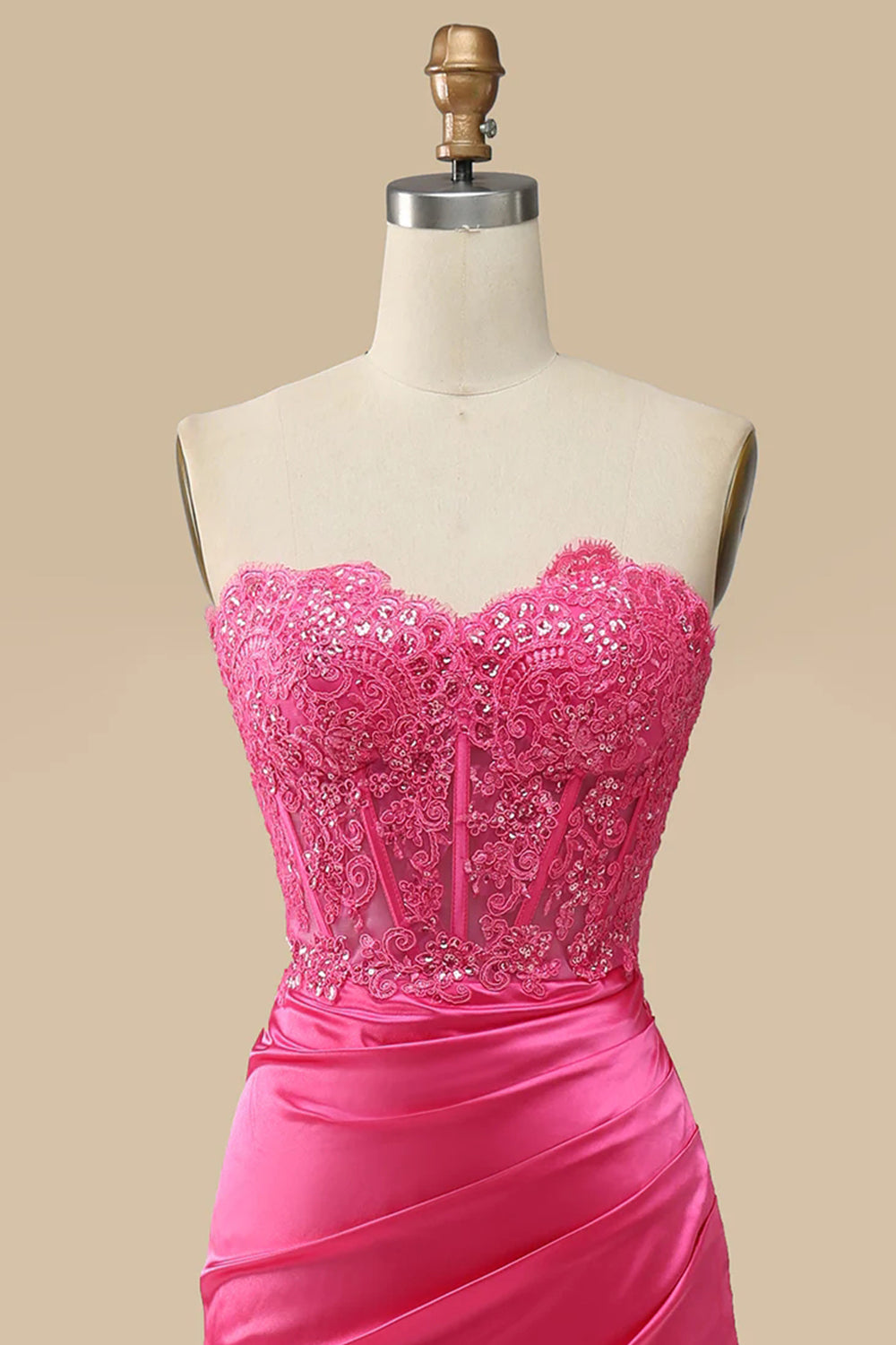 Hot Pink Prom Dress Corset Long Evening Dress with Slit