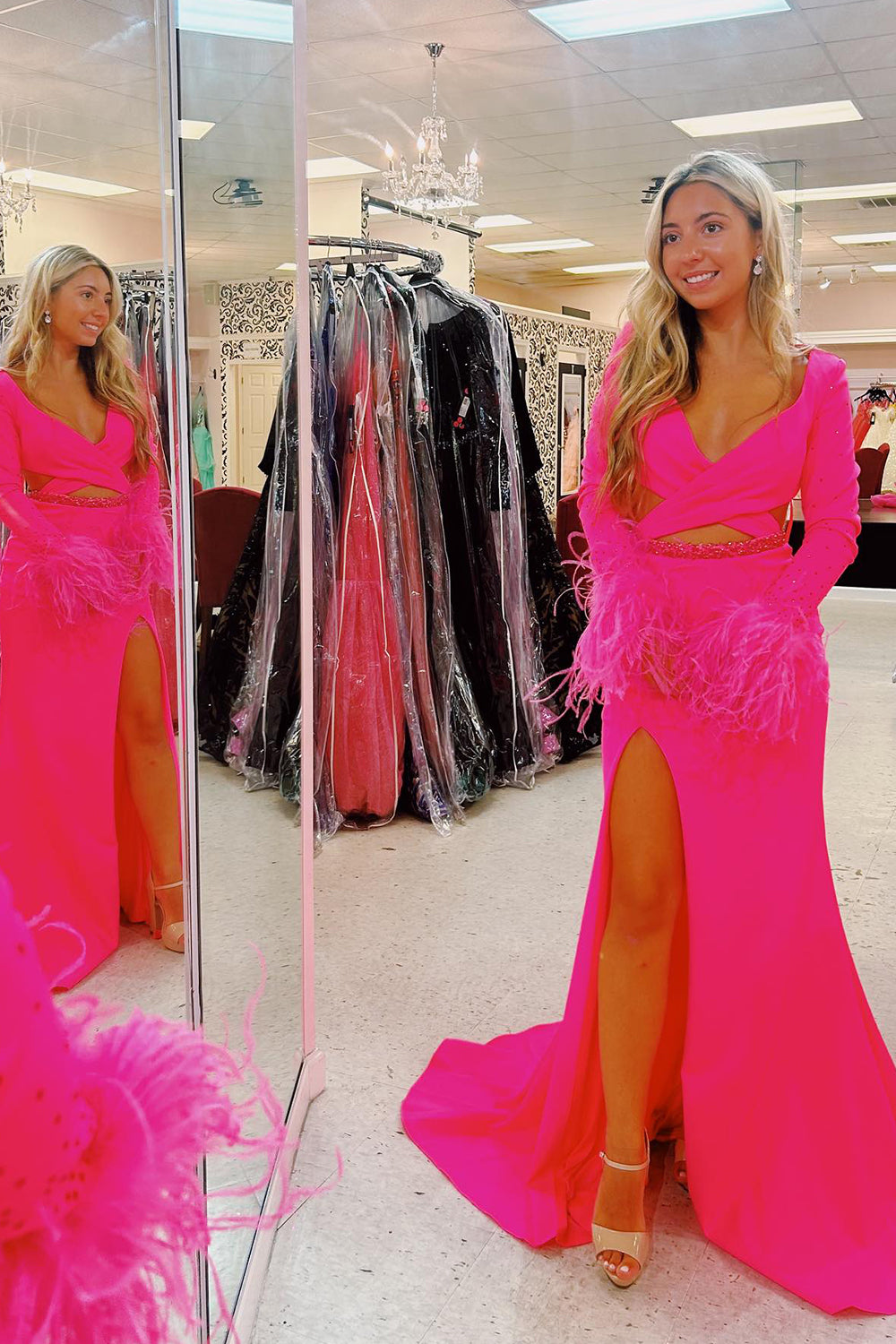 Hot Pink Prom Dress Cut Out V Neck Long Beaded Sheath FeatheRed Prom Dress Evening Dress with Slit