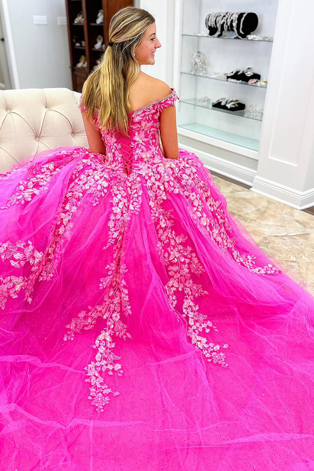 Hot Pink Prom Dress Off The Shoulder A-Line Long Formal Dress With Lace