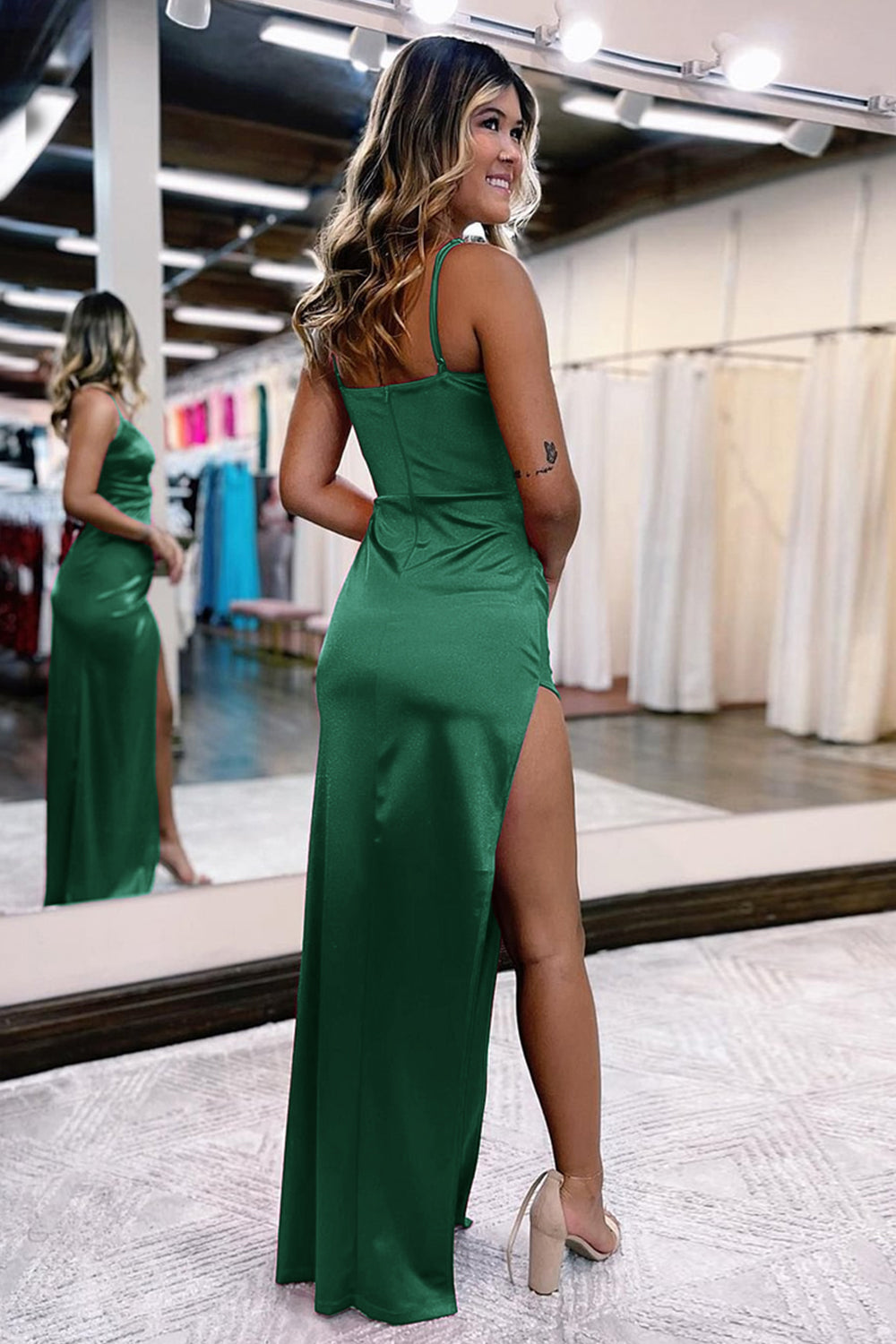 Hot Pink Prom Dress Satin V Neck Simple Evening Dress with Slit