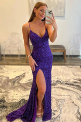 Hot Pink Prom Dress Sequins Glitter Evening Dress with Slit