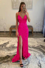 Hot Pink Prom Dress Sequins Glitter Evening Dress with Slit