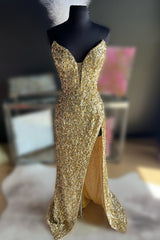 Hot Pink Prom Dress Strapless Sequin Evening Dress with Slit