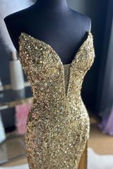 Hot Pink Prom Dress Strapless Sequin Evening Dress with Slit