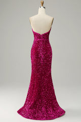 Hot Pink Prom Dress Strapless Sequin Evening Dress with Slit