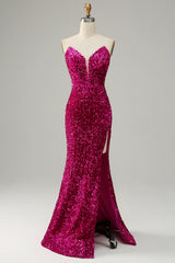 Hot Pink Prom Dress Strapless Sequin Evening Dress with Slit