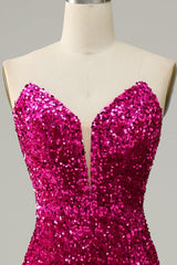 Hot Pink Prom Dress Strapless Sequin Evening Dress with Slit