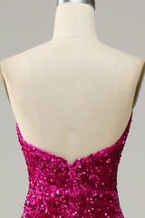 Hot Pink Prom Dress Strapless Sequin Evening Dress with Slit